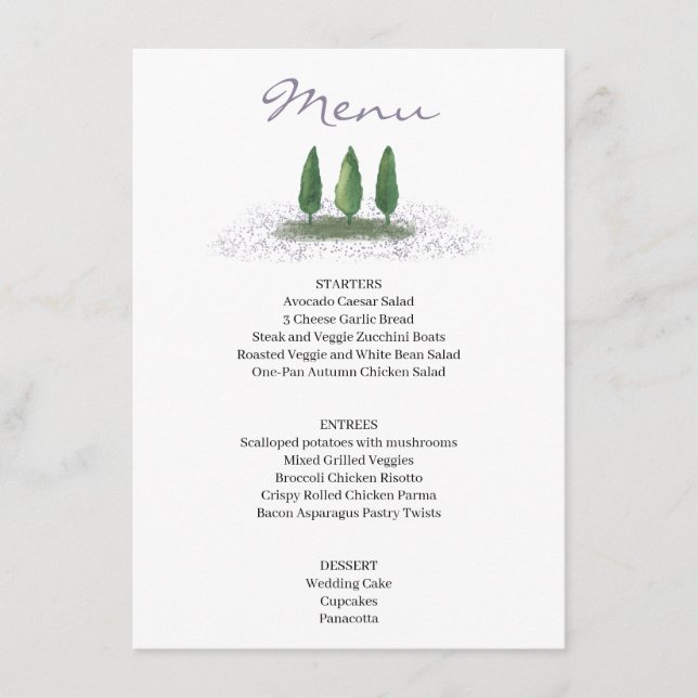 Menu Service de mariage à la lavande des arbres de la f (Devant)