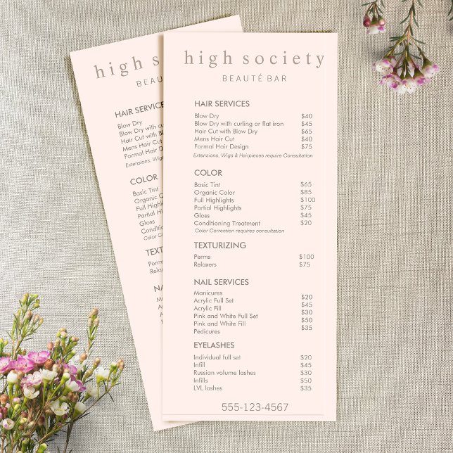 Menu Service Liste de prix du Salon rose simple (Créateur téléchargé)