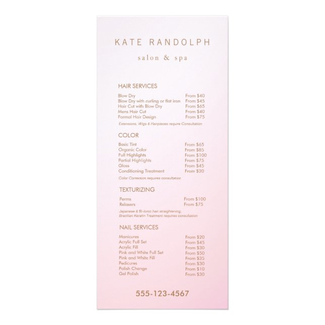 Menu Service Tarif Simple Pink Ombre Salon (Devant)