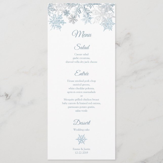 Menu Silver Blue Snowflakes Élégant Noël d'hiver (Devant)