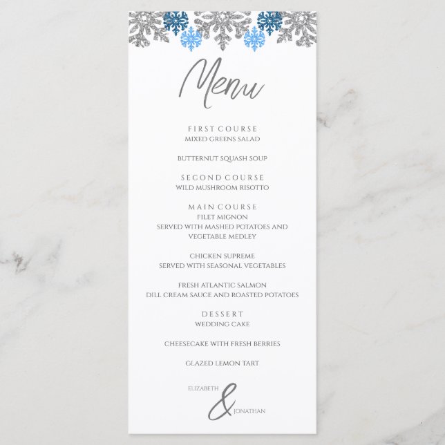 Menu Silver Blue Snowflakes Mariage d'hiver (Devant)