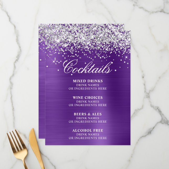 Menu Silver Glitter Royal Purple Foil Cocktails Bar (Devant/Arrière en situation)