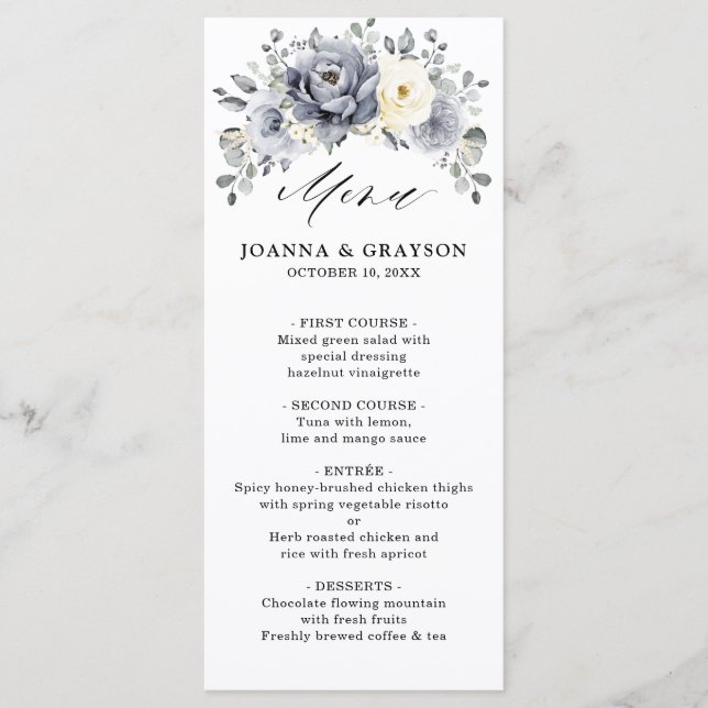 Menu Silver Grey Ivory Floral hiver Rustique Mariage (Devant)