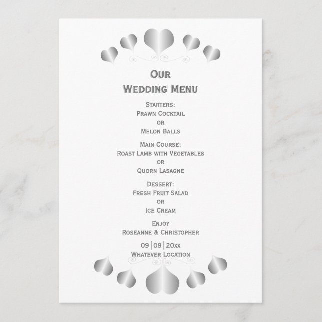 Menu Silver Hearts Design Wedding (Devant)