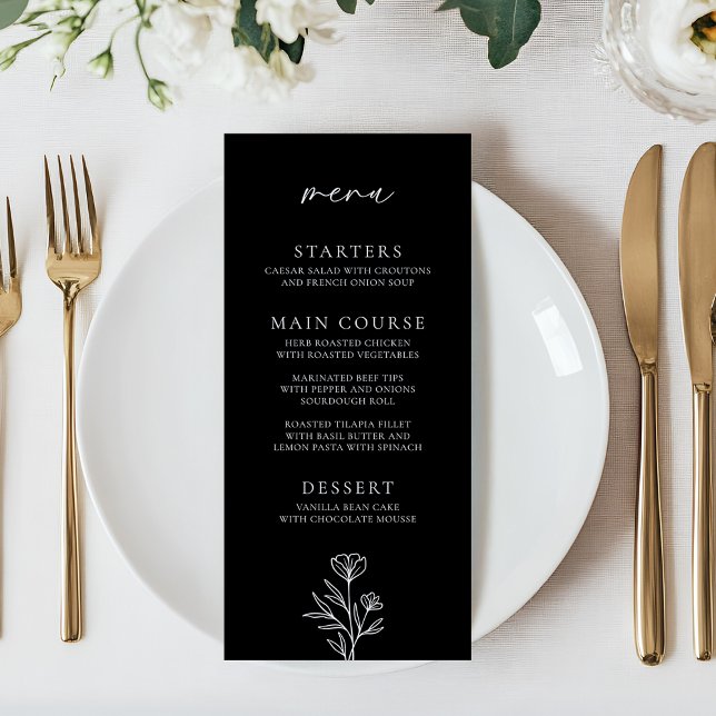 Menu Simple Black Modern Floral Outline Mariage (Créateur téléchargé)