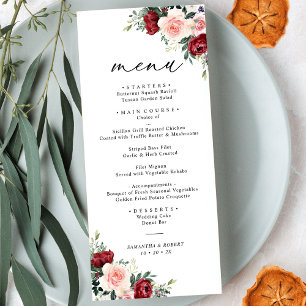 Menu simple Boho Burgundy Blush Floral Mariage Men