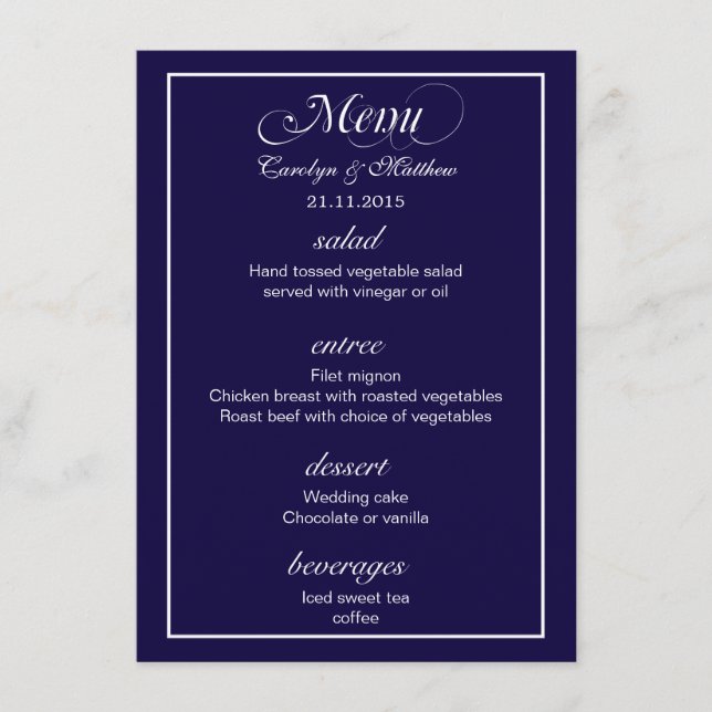 Menu simple chic élégant de mariage de bleu marine (Devant)
