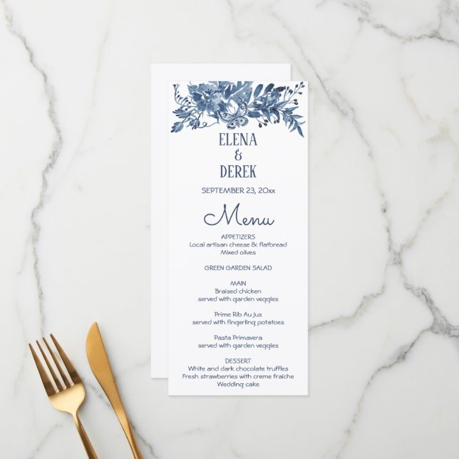Menu Simple Classique Bleu, Blanc Floral Mariage (Devant/Arrière en situation)