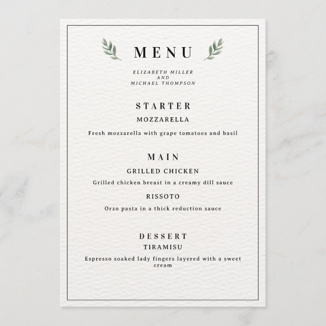 Menu Simple Classique Minimaliste Mariage, Moderne (Devant)
