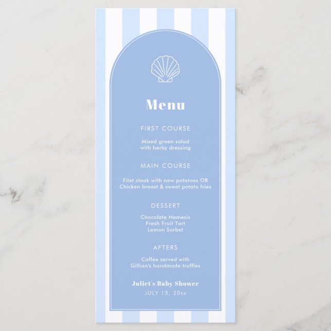 Menu Simple Coquillage Bleu Et Blanc Mariage Coastal (Devant)
