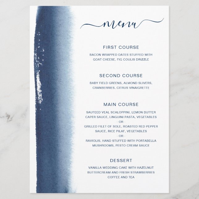 Menu Simple coup de pinceau aquarelle bleu marine pour  (Devant)