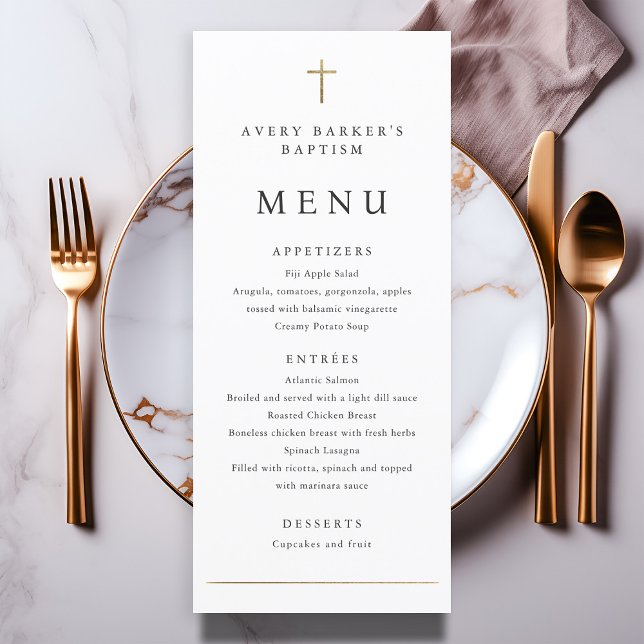 Menu simple de baptême avec croix dorée minimalist (Simple Minimalist Gold Cross Baptism Menu.)