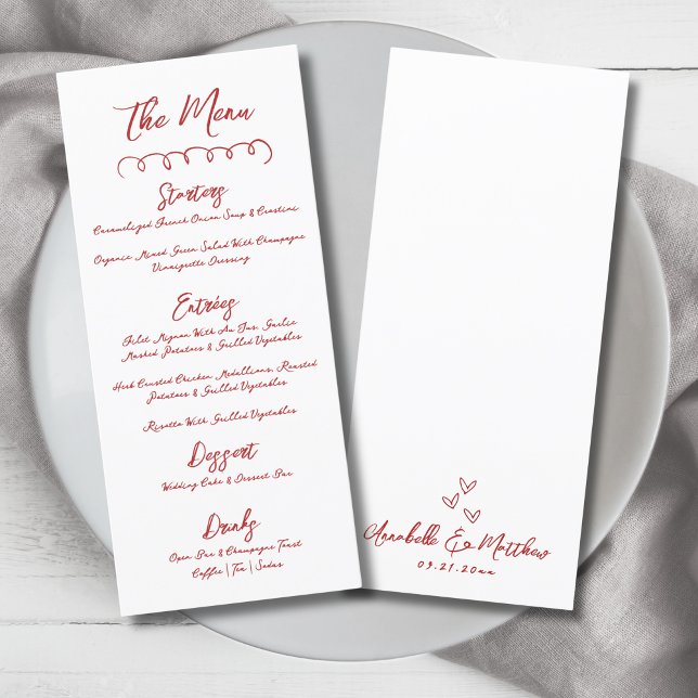 Menu Simple Dessin à la Main Rouge Mariage Fantaisiste (Simple Hand Draw Red Whimsical Wedding Menu)