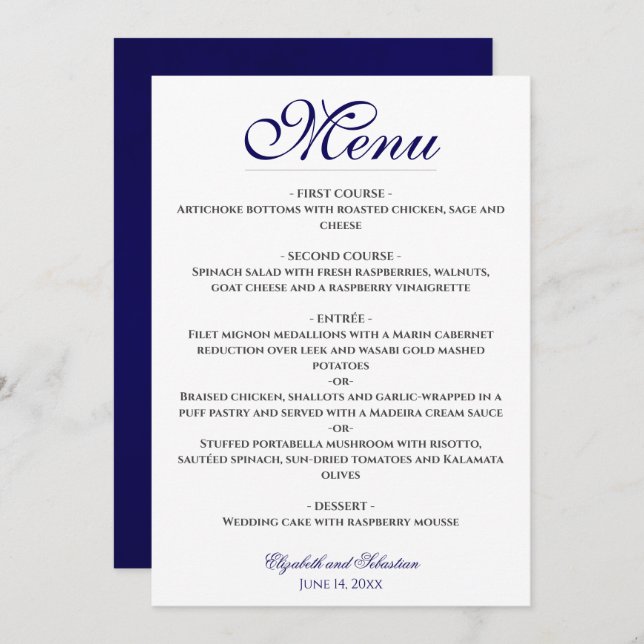 Menu Simple Elegance Marine Blue & White Mariage (Devant / Derrière)