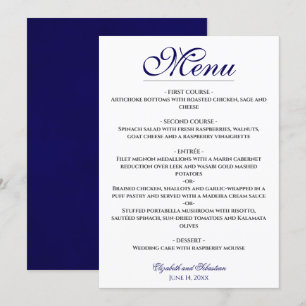 Menu Simple Elegance Marine Blue & White Mariage