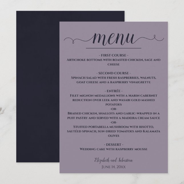 Menu Simple Elegant bleu marine sur Dusty Lavender Mari (Devant / Derrière)