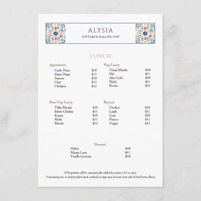 Menu Simple Elegant European Tile Restaurant Lunch (Devant)