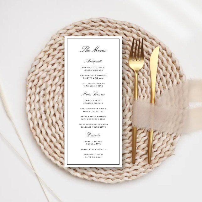 Menu Simple Élégant Formel Mariage Blanc & Noir (Elegant white and black wedding menu showcases your meal with timeless sophistication.)