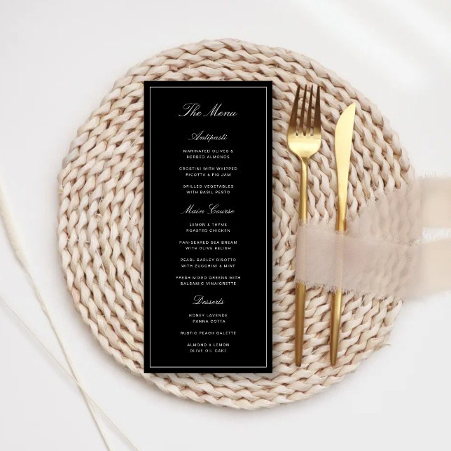 Menu Simple Élégant Formel Mariage Noir & Blanc (Simple black and white wedding menu presents your meal with elegant, timeless style.)