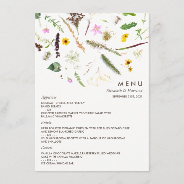 Menu Simple Elégant Mariage de fleurs sauvages botaniqu (Devant)