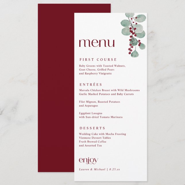 Menu Simple Élégant Mariage de Noël d'Hiver en Bourgogn (Devant / Derrière)