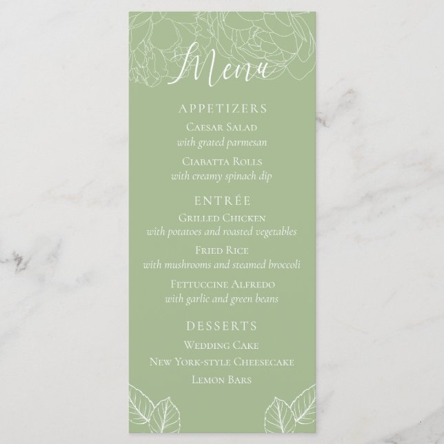 Menu Simple Élégant Mariage Fleur Vert Sauge  (Devant)