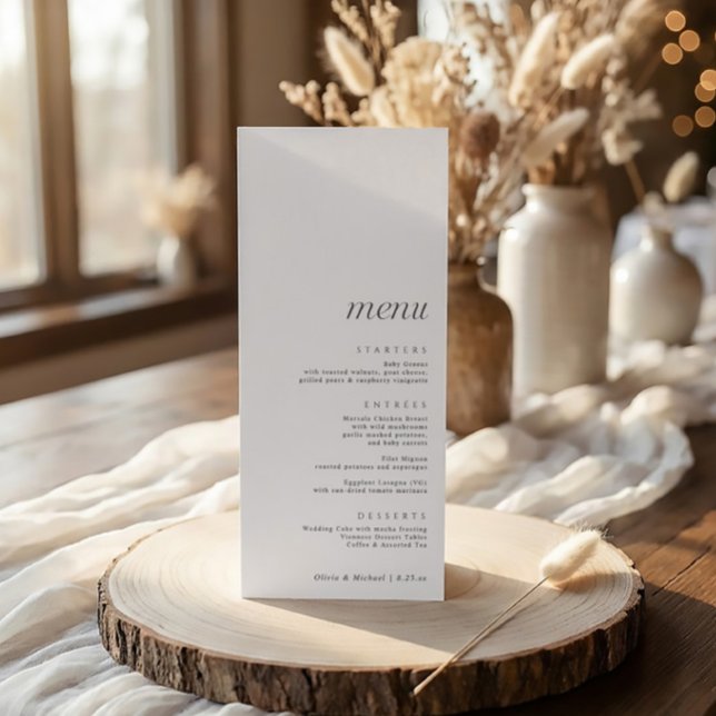 Menu Simple Élégant Mariage Moderne avec Merci au Dos (Modern minimalist wedding menu in black and white simple script)