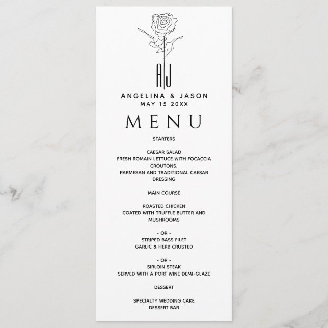 Menu Simple Élégant Mariage Noir Et Blanc (Devant)