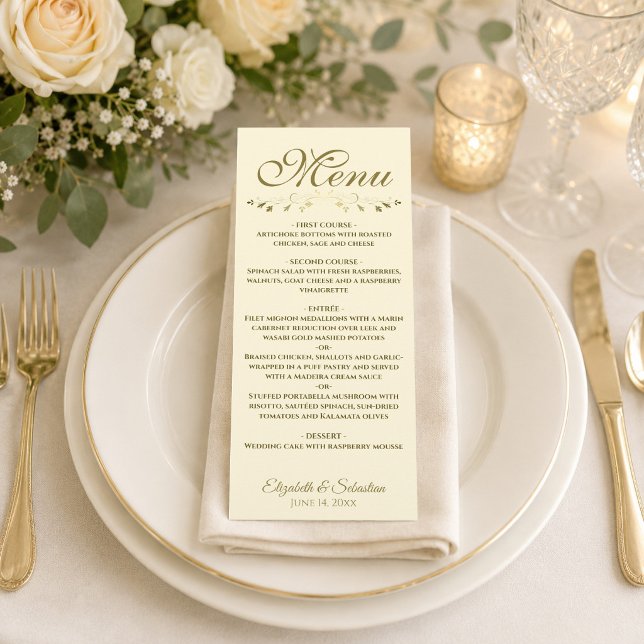 Menu Simple Élégant Mariage Or & Crème Filigrane Dentel (Créateur téléchargé)