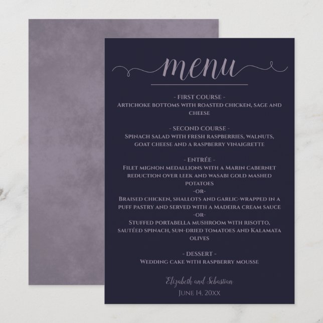 Menu Simple Elegant Marine bleu & Dusty violet Mariage (Devant / Derrière)