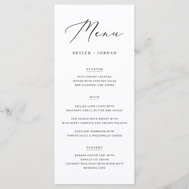 Menu Simple Élégant Script Mariage Mariage Nourriture (Devant)