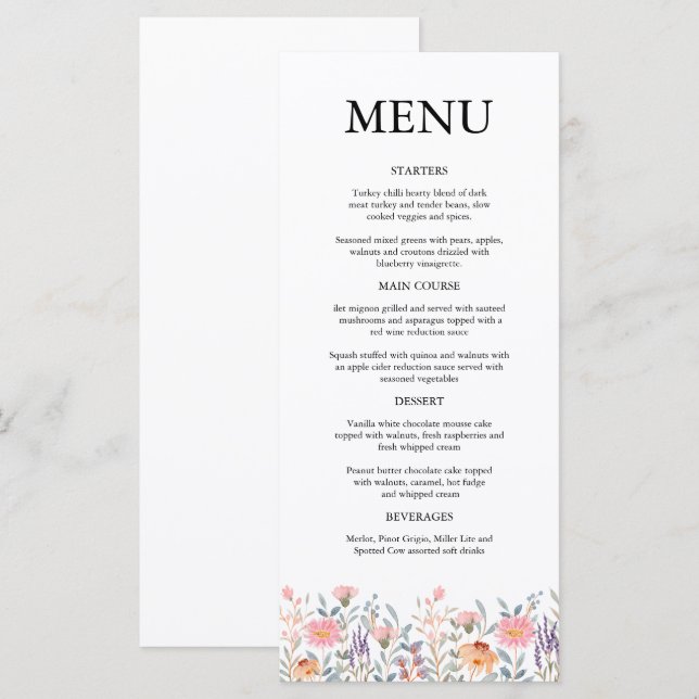 Menu Simple Fête de Bébé Jardin Floral Aquarelle (Devant / Derrière)