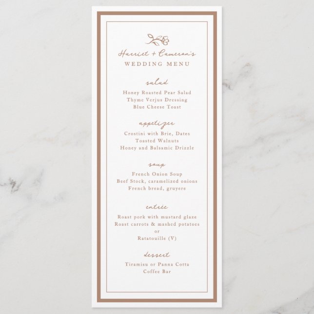 Menu Simple Fleur Mariage Cuivre Dîner (Devant)