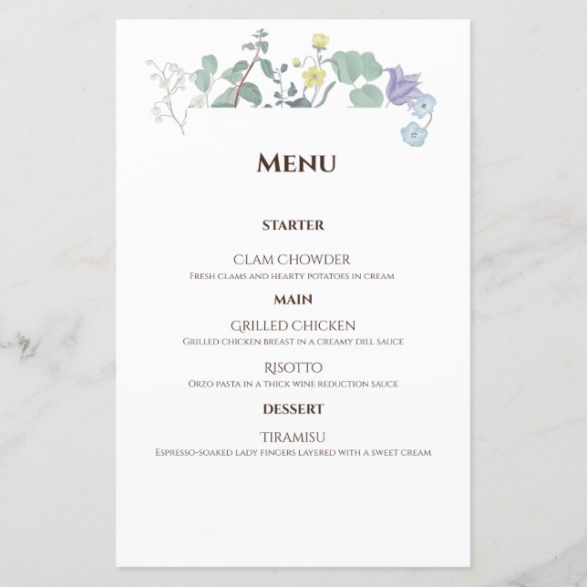 Menu simple floral minimaliste Mariage (Devant)