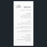 Menu simple Mariage de mariage élégant<br><div class="desc">Cette carte à la carte élégamment simple, au design sophistiqué noir et blanc, donne le ton d'une expérience gastronomique. Chaque plat, de l'entrée de cocktail de crevettes épicées au dessert de tarte à la banane nourricière décadent, est détaillé dans une typographie propre et moderne qui reflète le goût et le...</div>
