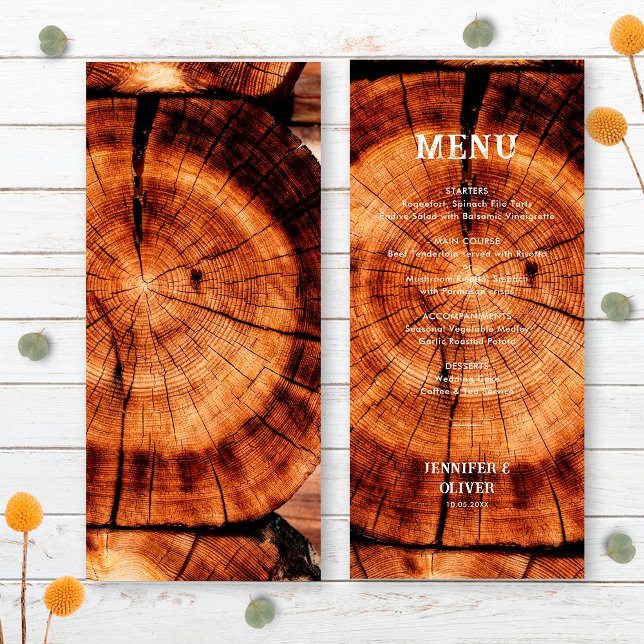 Menu Simple Mariage en Bois Rustique Tranché (Front/Back)