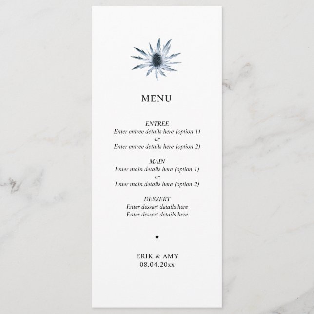 Menu simple Mariage floral de chardon bleu (Devant)