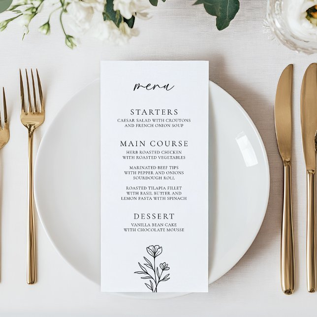 Menu Simple Mariage Floral noir et blanc (Créateur téléchargé)