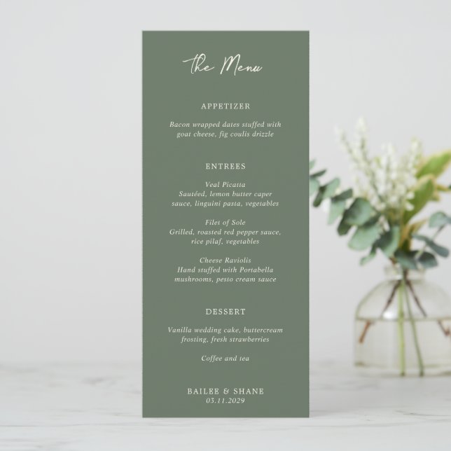 Menu Simple mariage moderne vert olive (Debout devant)