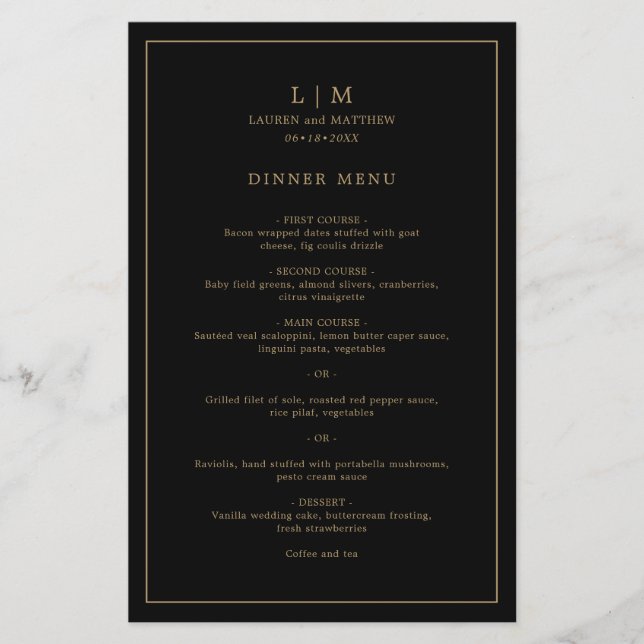 Menu simple Mariage Monogramme noir et or (Devant)