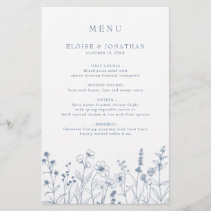 Menu simple minimaliste Mariage Fleur sauvage bleu