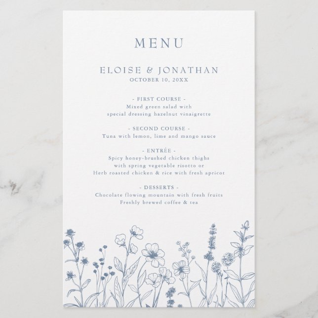 Menu simple minimaliste Mariage Fleur sauvage bleu (Devant)
