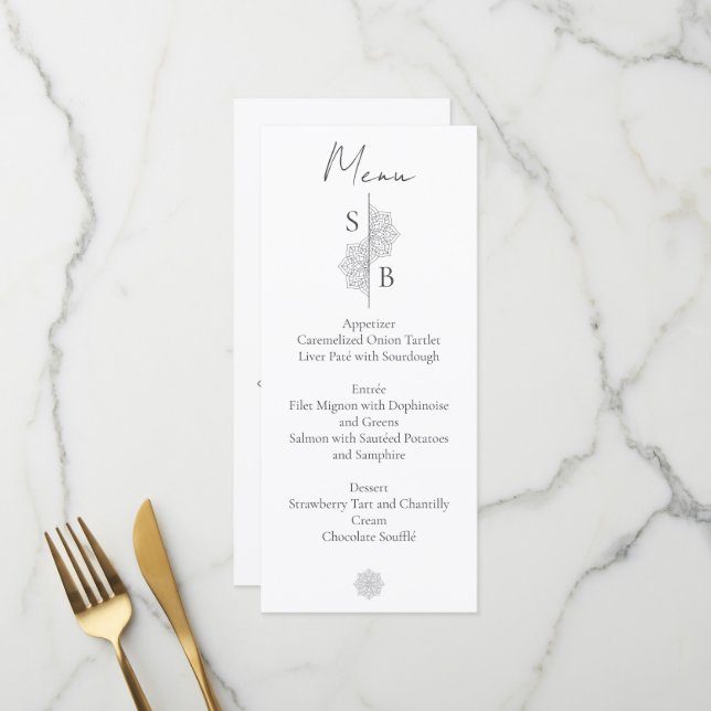 Menu Simple moderne Boho Monogramme Mandala Mariage (Devant/Arrière en situation)