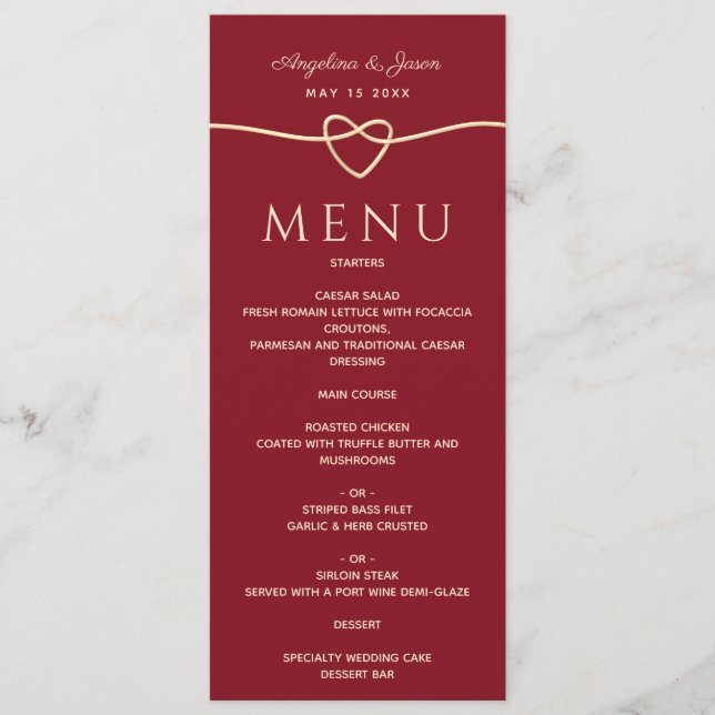 Menu Simple Moderne Élégant Cœur Rouge et Or Mariage (Devant)