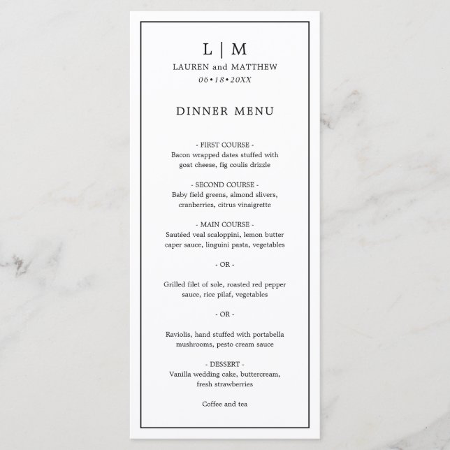 Menu Simple Monogramme Noir et Blanc Mariage Élégant (Devant)