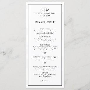 Menu Simple Monogramme Noir et Blanc Mariage Élégant