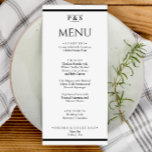 Menu Simple noir & blanc Chic Monogram Mariage dîner<br><div class="desc">Un élégant menu minimaliste,  noir et blanc et mariage chic pour le dîner. Ce qui présente le design modèle chic de solide blanc arrière - plan et de la typographie noire. Et monogramme ou initiales en haut. Avec des rayures noires en bas et en haut.</div>