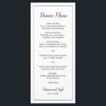 Menu Simple Noir Blanc Moderne Mariage élégant<br><div class="desc">Menu Mariage moderne en noir et blanc minimaliste avec l'en-tête et vos noms dans un script élégant avec votre menu entouré d'une fine bordure. Le côté arrière a votre monogramme en bas. Les polices et la bordure peuvent être changées en n'importe quelle couleur en cliquant sur le bouton "personnaliser". Ces...</div>