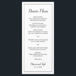 Menu Simple Noir Blanc Moderne Mariage élégant<br><div class="desc">Menu Mariage moderne en noir et blanc minimaliste avec l'en-tête et vos noms dans un script élégant avec votre menu entouré d'une fine bordure. Le côté arrière a votre monogramme en bas. Les polices et la bordure peuvent être changées en n'importe quelle couleur en cliquant sur le bouton "personnaliser". Ces...</div>