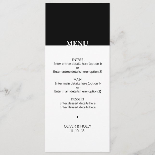Menu simple noir et blanc mariage (Devant)